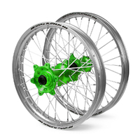 Kawasaki Haan / Platinum SNR MX Silver Rims / Green Hubs Wheel Set KX125-250 2003-2010 21*1.6 / 19*2.15
